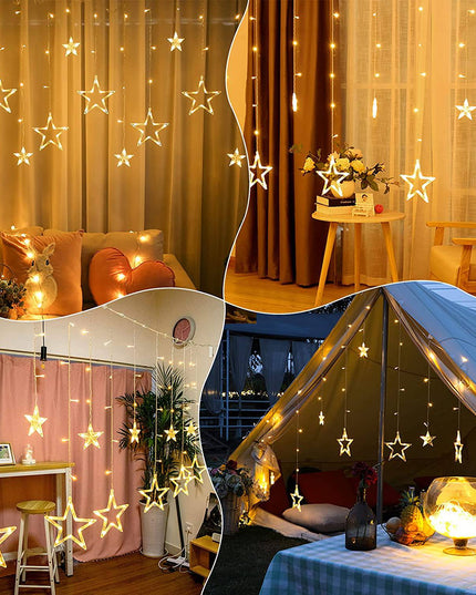 LED Star Curtain Lights 12 Stars 8 Modes Christmas String Lights - Libiyi
